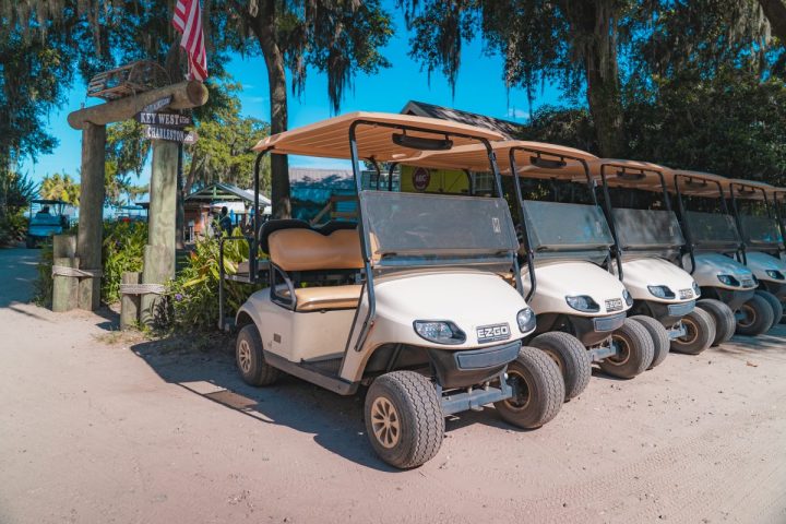 Row of golf carts parked on sandy path near trees and a sign with an American flag.