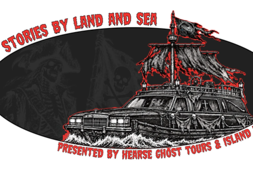 Hearse with pirate ship design, text: Ghost Stories by Land and Sea.